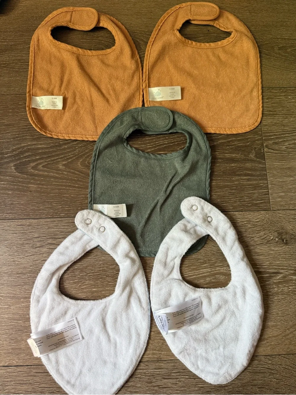 Soft Terry & Muslin Baby Bib Set in Orange, Olive, and Light Gray